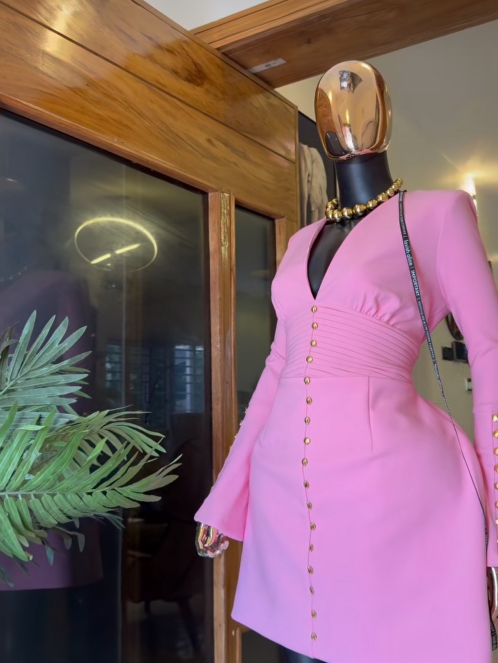 Lavish Alice Pink Long-Sleeve V-Neck Button-Front Mini Dress